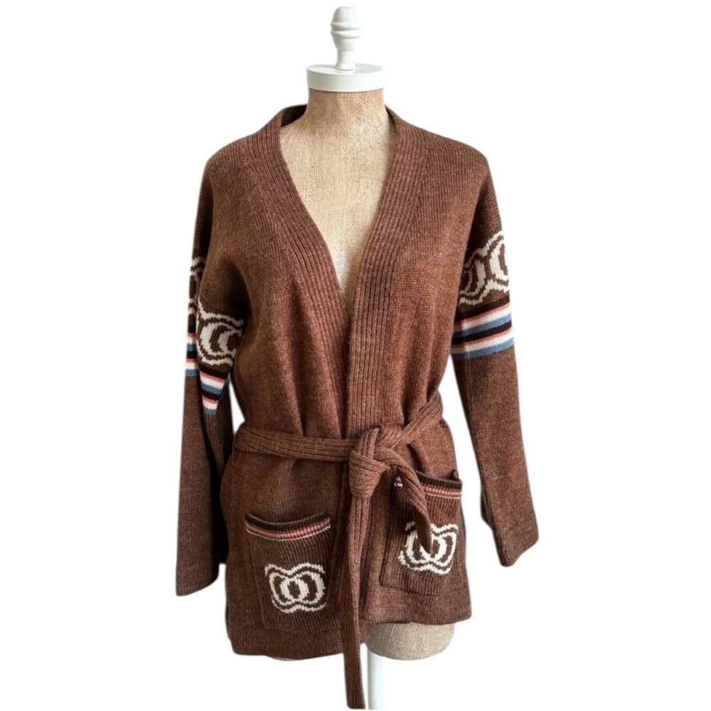 Vintage Ades of California Brown Knit Belted Cardigan Sweater Medium - Picture 5 of 11